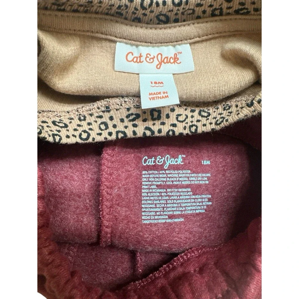 NWT Cat & Jack Girls 18mo. Leopard Long Sleeve Top & Maroon Sweatpants Outfit